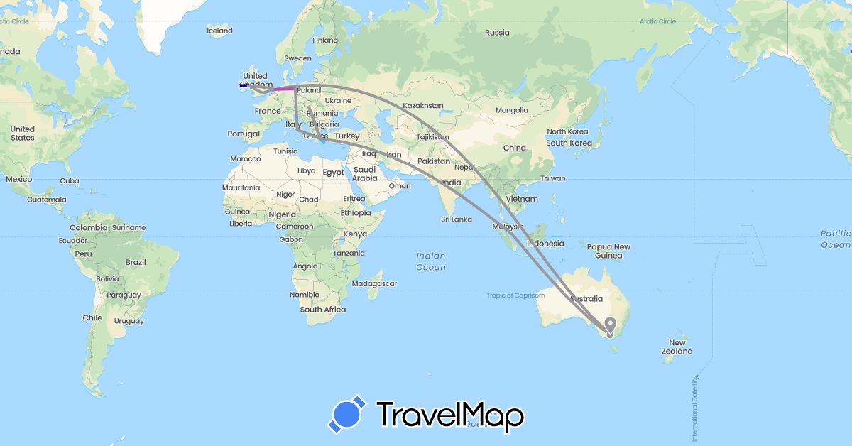TravelMap itinerary: driving, plane, train, boat in Australia, Germany, United Kingdom, Greece, Hungary, Ireland, Italy, Netherlands, Singapore, Thailand (Asia, Europe, Oceania)